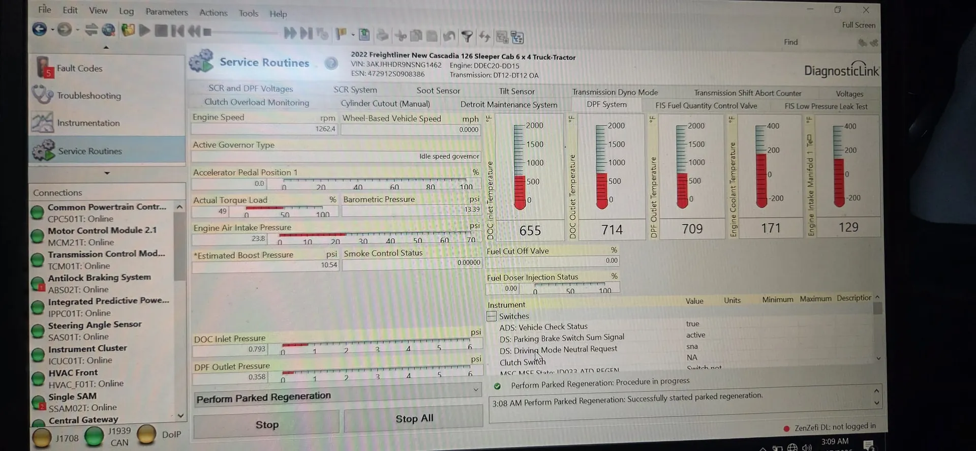 Computer diagnostics on a Freightliner Cascadia in Calgary, Alberta